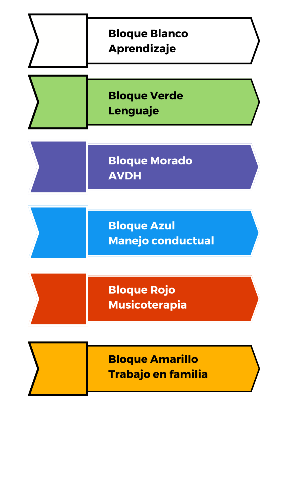 Bloques del modelo Soulé, está dividido en 6 bloques: Aprendizaje, lenguaje, AVDH, manejo conductual, musicoterapia y trabajo en familia.
